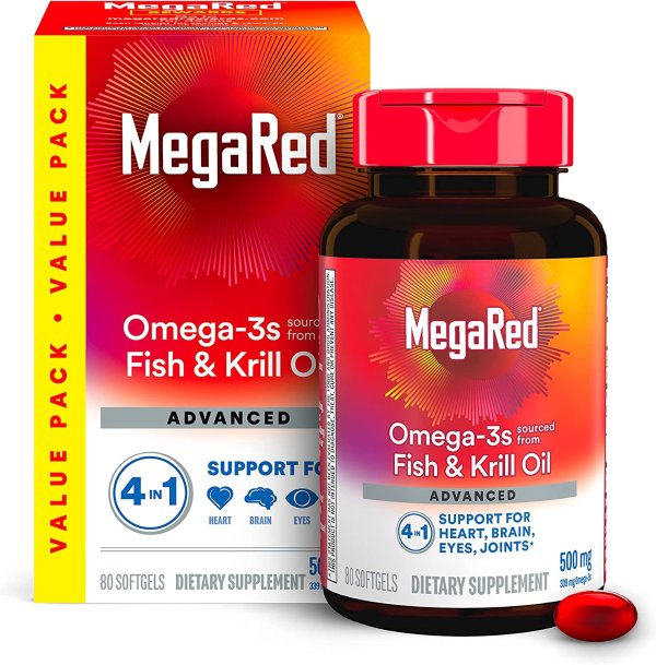 Advanced 4in1 Softgels - Omega-3 Fish Oil + High Absorption Krill Oil Supplement 500mg (80 Count In A Bottle), Concentrated Omega-3 Fish & Krill Oil Supplement