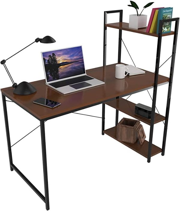 Computer Desk, Gaming Desk, Industrial Designed Home Office Table, Reversible Desk with Built in 3 Tier Storage Shelf, 47.2 Inches, Brown