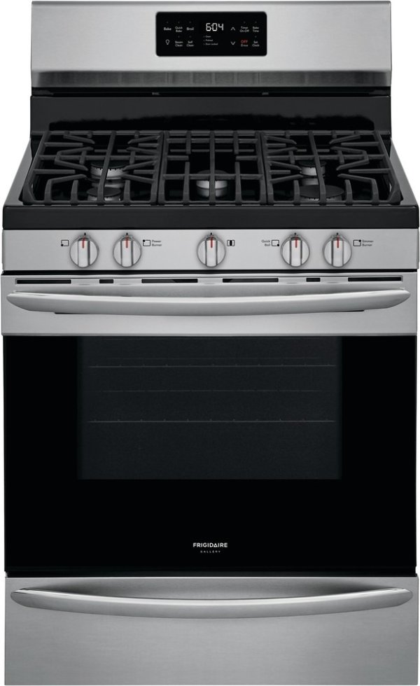 Frigidaire GCRG3038AF 30 Inch Freestanding Gas Range with 5 Sealed Burners, 5.0 cu. ft. Oven Capacity, Quick Bake Convection, Storage Drawer, Continuous Grates, Steam Clean, Quick Boil/Low Simmer Burners, Sabbath Mode, CSA Certified, and Star-K® Certified: SmudgeProof Stainless Steel