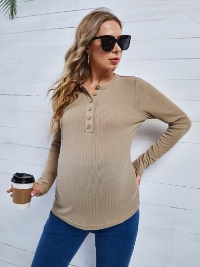 Maternity Half Button Ribbed Knit Slim Fit Tee