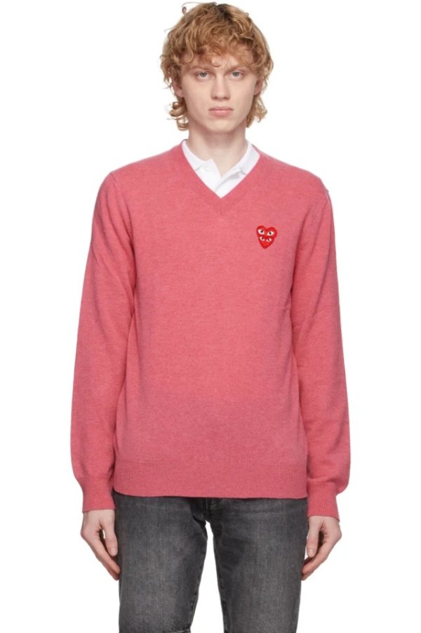 Pink Double Heart V-Neck Sweater