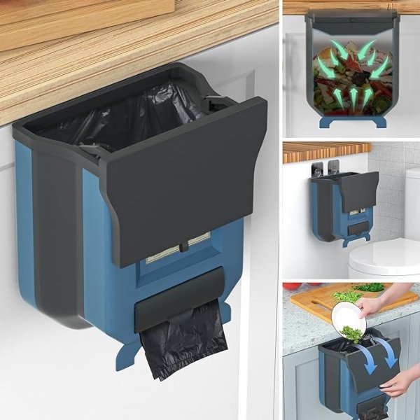 HI NINGER Small Trash Can with Lid for Counter Top or Under Sink,Kitchen Compost Bin,Hanging Trash can,Foldable Kitchen Trash can 2.4 Gallon for Cabinet/Car Trash Can with Lid/RV/Bathroom/Camping