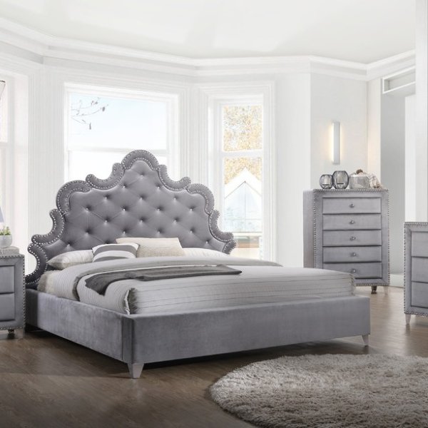 Sophie Velvet Queen Bed, Gray - Contemporary - Platform Beds - by Meridian Furniture