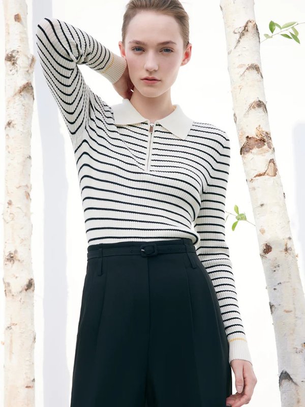Black And White Striped Slim Woolen Jumper
