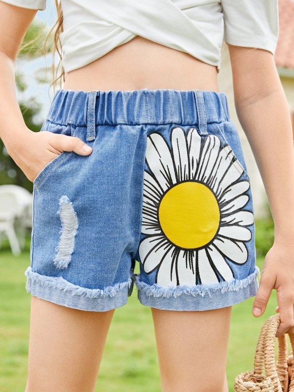 Girls Floral Print Ripped Raw Hem Denim Shorts