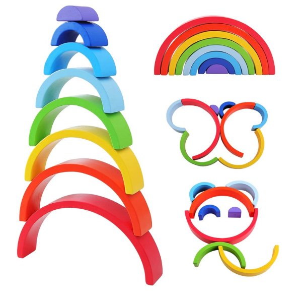 GEMEM 8 Pcs Wooden Rainbow Stacker Large Nesting Blocks Puzzles Stacking Montessori Learning Educational Toys for Baby Toddlers
