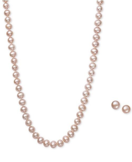 Pink Cultured Freshwater Pearl (6mm) Necklace and Matching Stud (7-1/2mm) Earrings Set in Sterling Silver