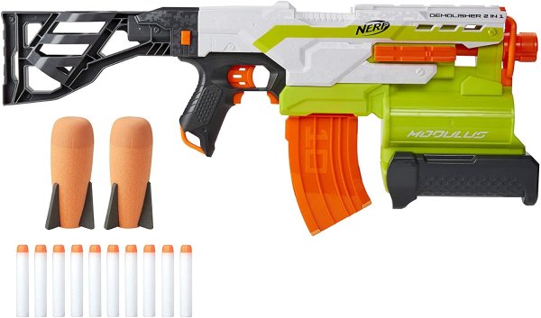 NERF Modulus Demolisher 2-in-1 Motorized Blaster, Fires Darts and Rockets, Includes 10 Elite Darts, Banana Clip, 2 Rockets, Stock (Amazon Exclusive)
