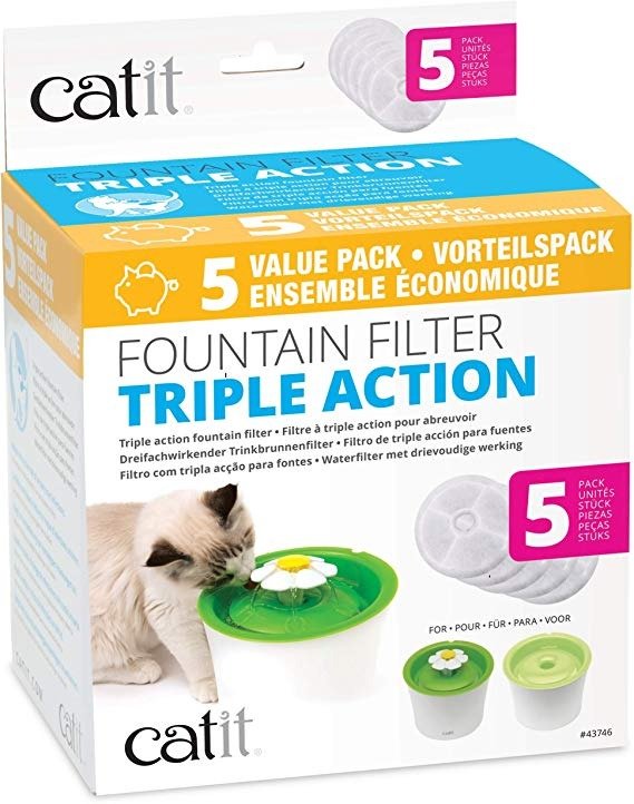 Catit Cat Water Fountain Replacement Filters, Triple Action Filters for Flower Water Fountain Dispenser, Pack of 5
