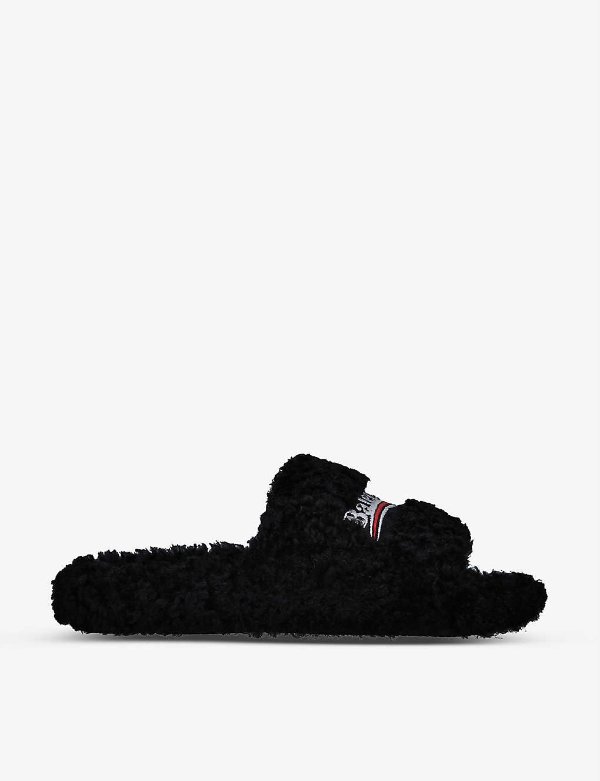 Logo-embroidered faux-shearling sliders
