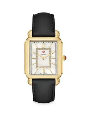 Deco 18K Goldplated Stainless Steel, Mother Of Pearl, Diamond & Leather Strap Watch