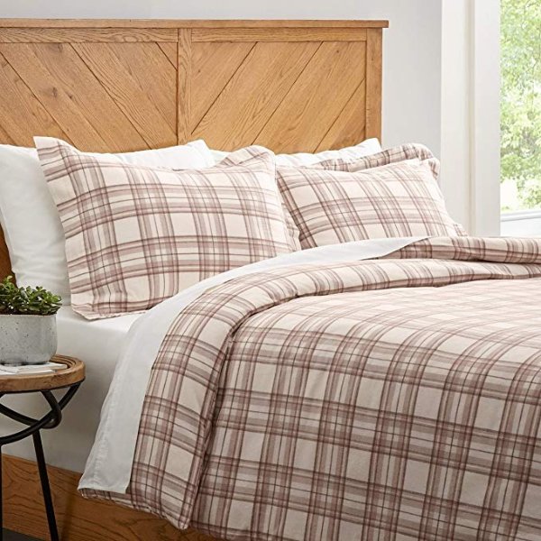 Rustic Plaid Flannel Duvet Cover Set, Full / Queen, Ivory and Cream