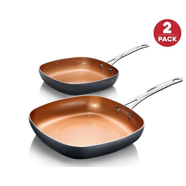 Aluminum Ultra-Nonstick Ceramic and Diamond Infused Coating Induction Capable Square 8.5" & 9.5" Fry Pan Set