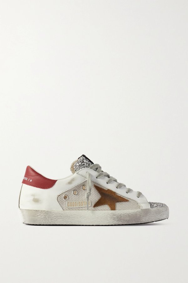 Superstar glittered distressed leather, suede and canvas sneakers