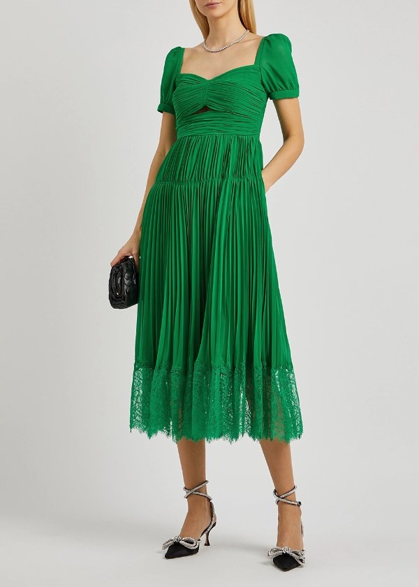 Green plisse chiffon midi dress