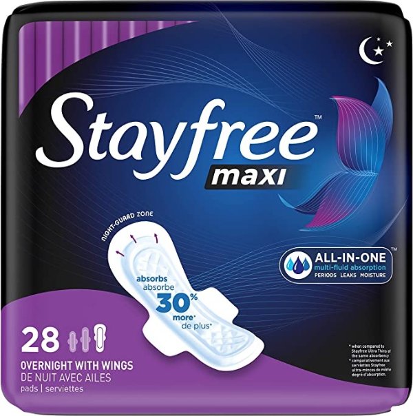 Maxi Overnight Pads with Wings For Women, Reliable Protection and Absorbency of Feminine Periods, 28 Count