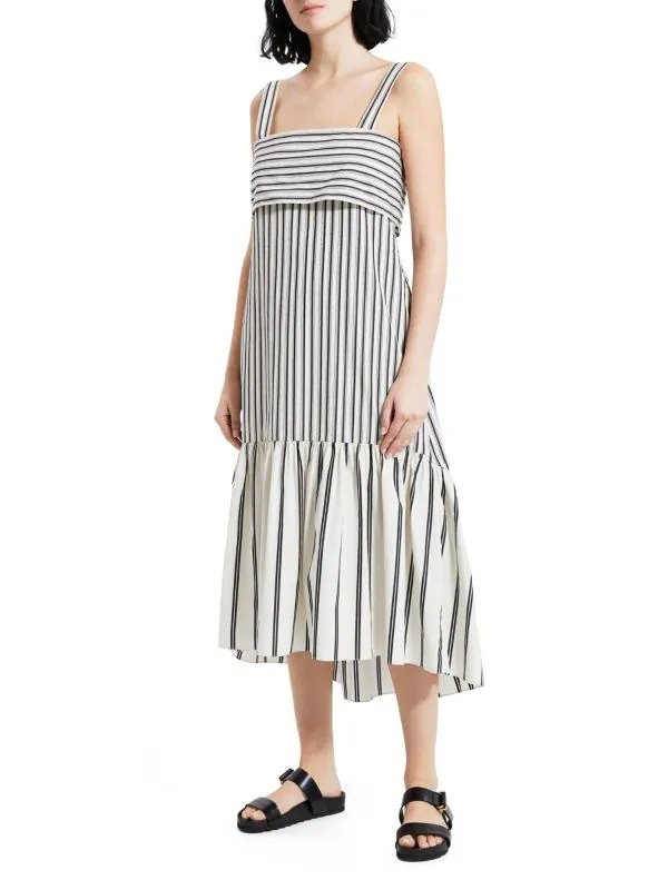 Striped Tie-Back Poplin Midi-Dress