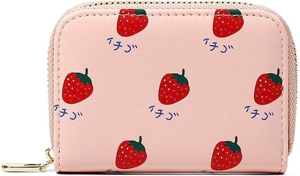 Cute Credit Card Holders for Women Strawberry Pattern Zip-Around Faux Leather Slim Wallet for Girls Cash Coin Purse Pink Color