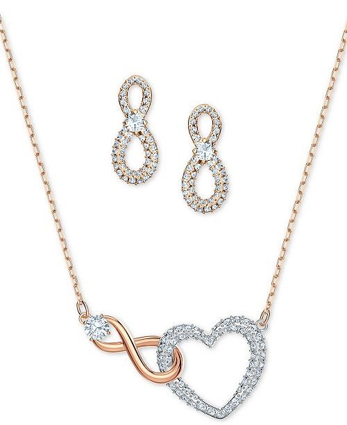 Two-Tone Crystal Heart & Infinity Symbol Pendant Necklace and Stud Earrings Set
