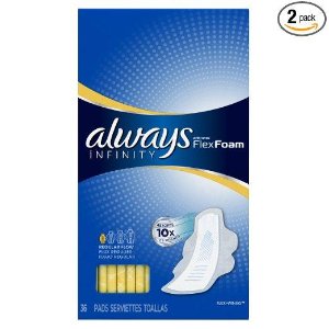 Always Infinity Flex Foam Unscented Pads with Wings, Regular Flow, 36 Count (Pack of 2)