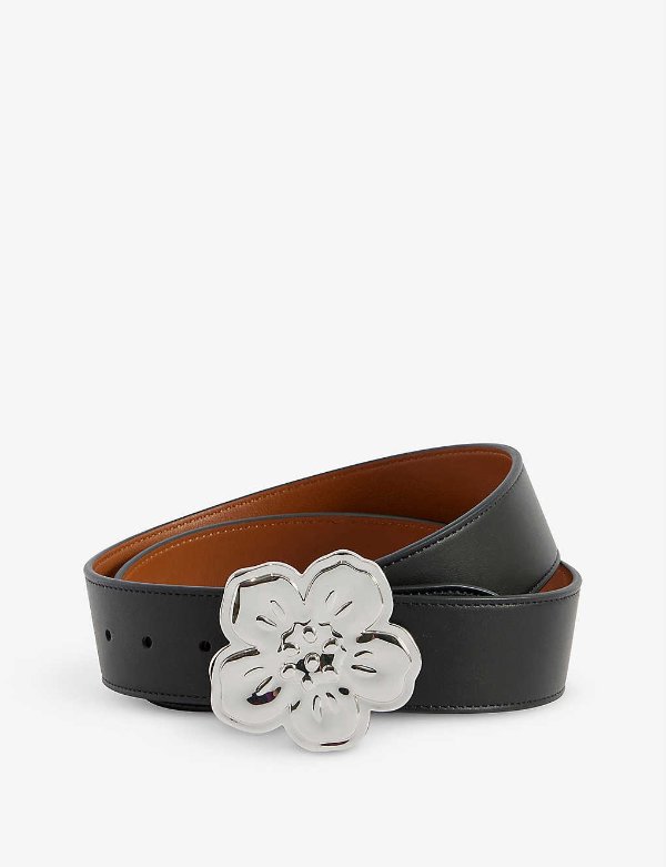Flower-buckle reversible leather belt