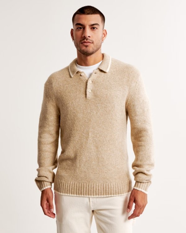 Fuzzy Long-Sleeve 3-Button Sweater Polo