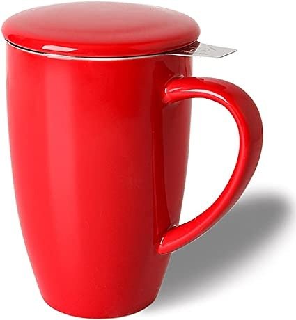 SWEEJAR Porcelain Tea Mug with Infuser and Lid,Teaware with Filter, Loose Leaf Tea Cup Steeper Maker, 16 OZ for Tea/Coffee/Milk/Women/Office/Home/Gift (Red)