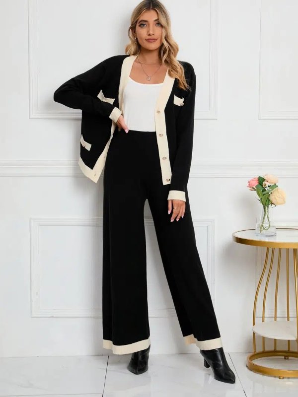 Women's Set Elegant V-neck Button Cardigan & Sweater Pant Set | High-quality & Affordable. | Temu