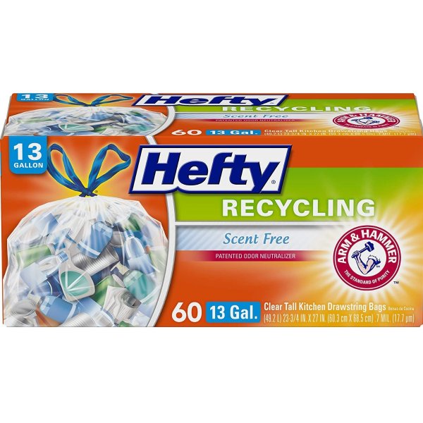 Hefty Recycling Trash Bags, Clear, 13 Gallon, 60 Count 3 pack