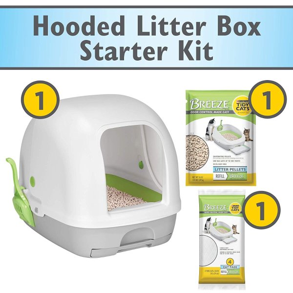Tidy Cats Breeze Hooded System Starter Kit Cat Litter Box, Litter Pellets & Pads