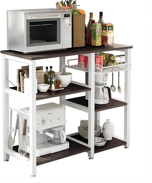 3-Tier Kitchen Baker's Rack, Utility Microwave Oven Stand with Storage, Coffee Bar Station, Workstation Kitchen Shelf Cart, Walnut Black