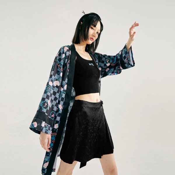 Black Floral Plaid Printed Loose Jacket | Peacebird Women Fashion