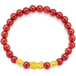 Chow Tai Fook999 Pure 24K Gold Bracelet- Gold Pixiu and Ingot with Red Agate Marble Bracelet