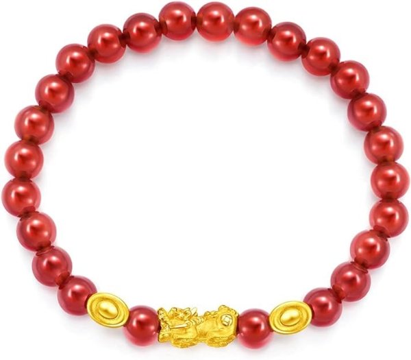 999 Pure 24K Gold Bracelet- Gold Pixiu and Ingot with Red Agate Marble Bracelet