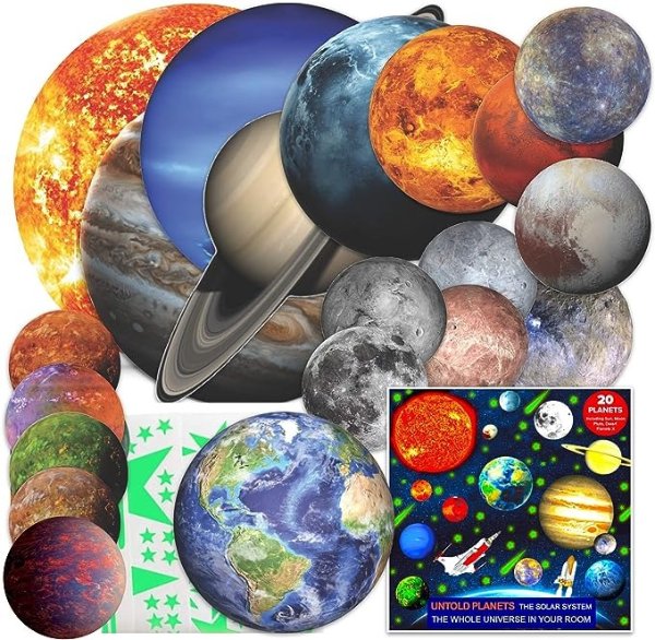 200+PCS Glow in The Dark Stars and Planets for Ceiling, 3D Realistic NASA Space Decor Dwarf Planets Pluto Moon Sun Glow in The Dark Stars, Solar System for Kids Wall Decals, Boys Room Decor