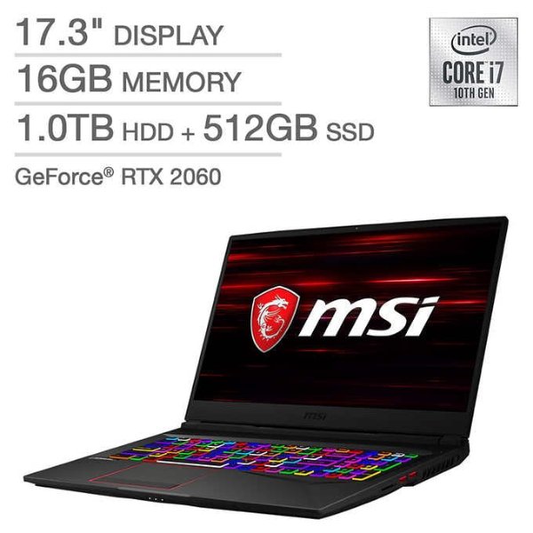 MSI GE75 Raider Gaming Laptop (i7-10750H, 2060, 16G, 512G + 1T, 144Hz)