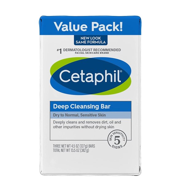 Cetaphil Bar Soap Deep Cleansing Face and Body Bar, Pack of 3