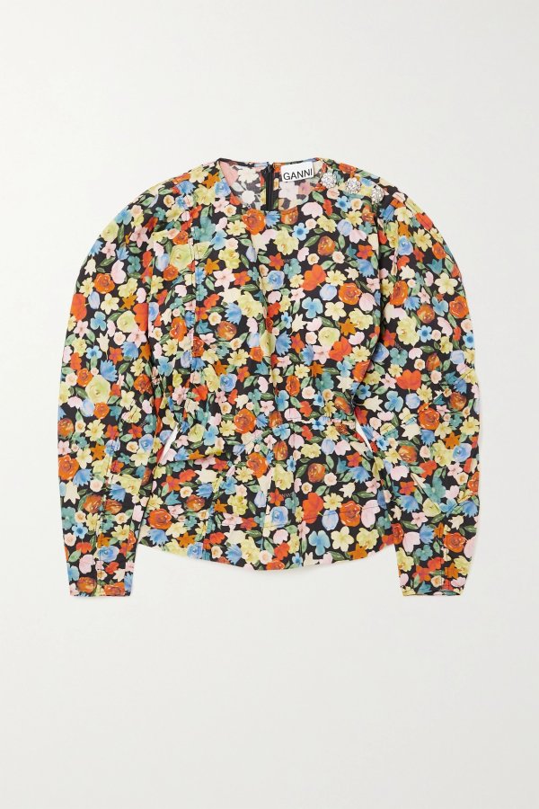 Crystal-embellished floral-print organic cotton-poplin blouse