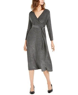 Belted Metallic Wrap Midi Dress, Created For Macy's