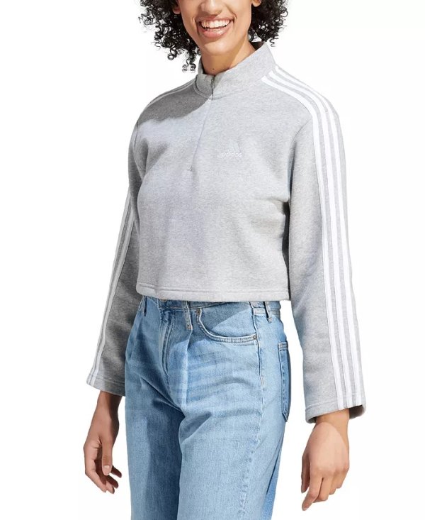 Women's Fleece Quarter-Zip 3-Striped Cropped Sweatshirt