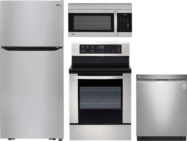 RERADWMW4726 4 Piece Kitchen Appliances Package with Top Freezer Refrigerator, Electric Range, Dishwasher and Over the Range Microwave in Stainless Steel