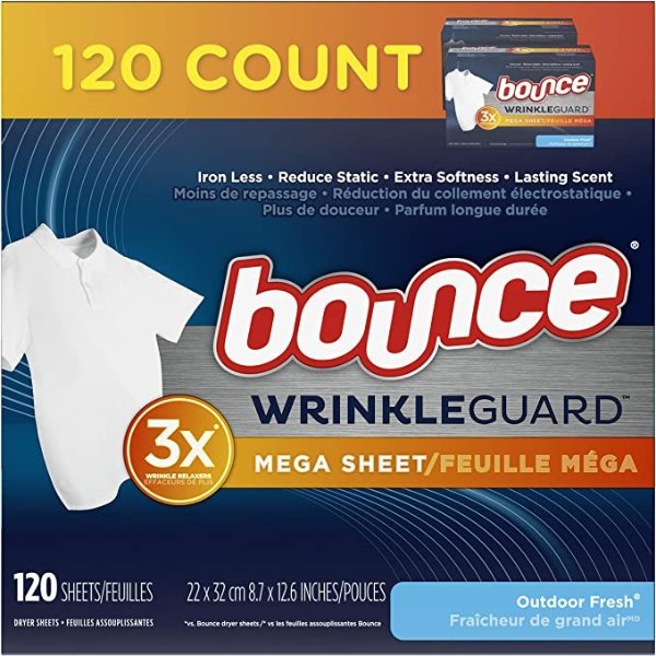 WrinkleGuard Mega Dryer Sheets, Fabric Softener and Wrinkle Releaser Sheets, Outdoor Fresh Scent, 120 count