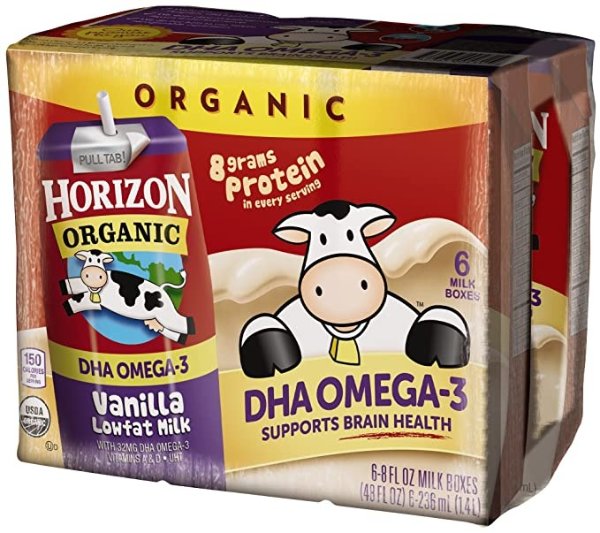 , Lowfat Organic Milk Box with DHA Omega-3, Vanilla, Single Serve, Shelf Stable Organic Vanilla Flavored Lowfat Milk, 6 Count of 8 Fl Oz each, Pack of 3