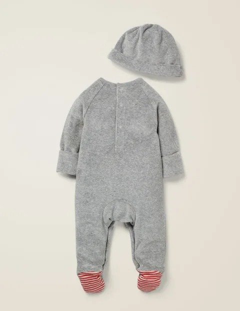 Velour Sleepsuit And Hat Set - Shale Grey Penguin | Boden US