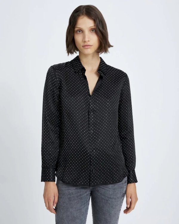 High Shine Silk Button Up Shirt in Black