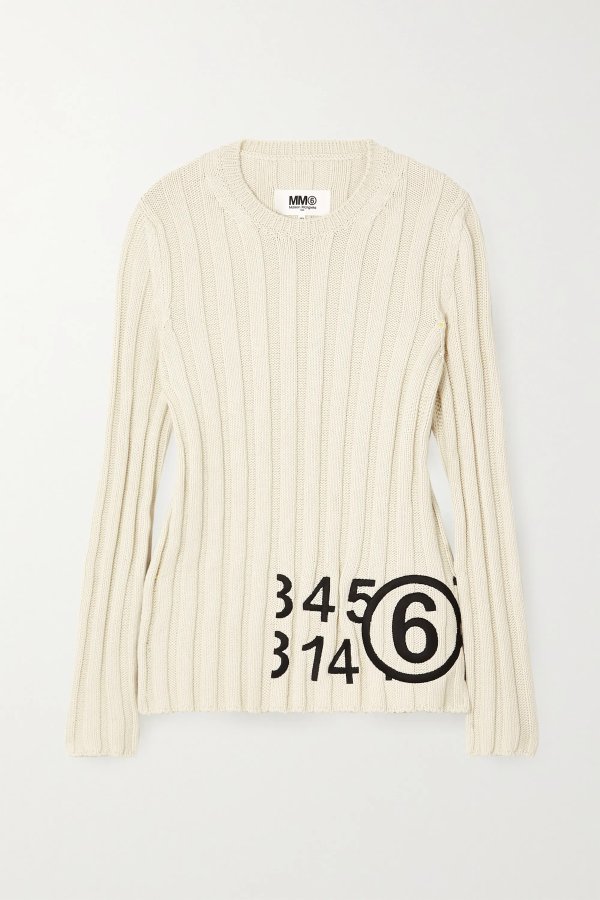 Embroidered ribbed cotton sweater
