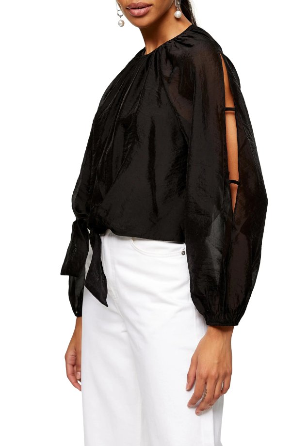 Tie-Front Open-Sleeve Blouse