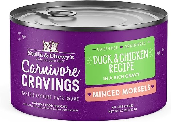 Stella & Chewy’s Carnivore Cravings Minced Morsels Cans – Grain Free, Protein Rich Wet Cat Food – Cage-Free Chicken & Duck Recipe – (5.2 Ounce Cans, Case of 24)