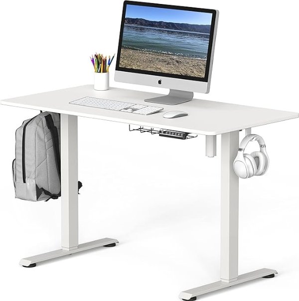 SHW Electric Height Adjustable Sit Stand Desk with Hanging Hooks and Cable Management, 48 x 24 Inches, White Frame and White Top