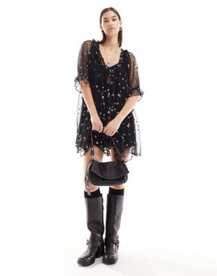 floral mesh overlay skater dress in black